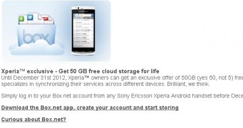 مستخدمي هواتف Xperia من سوني إريكسون سيحصلون علي 50 جيجابايت مساحه من Box.net